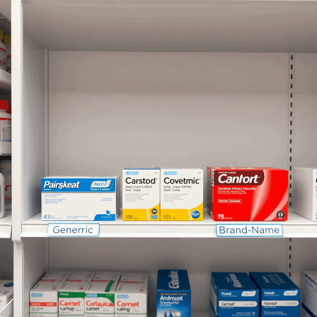 Pharmacy shelf with neatly arranged generic and brand-name medication boxes side by side, clear labels highlighting "Generic" and "Brand-Name" for ...