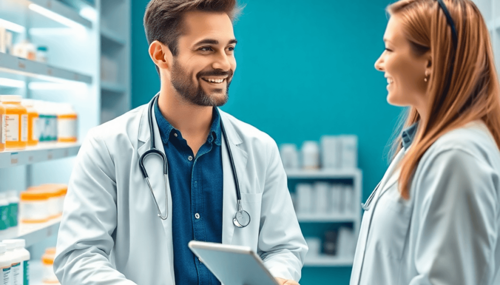 A bright pharmacy with a friendly pharmacist consulting a young adult, showing medicine bottles, prescription symbols, and a digital tablet for onl...
