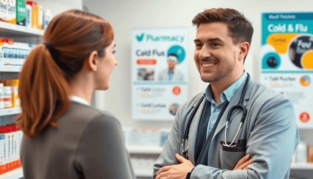 A friendly pharmacist consulting with a patient in a bright, modern pharmacy surrounded by medicine shelves and health posters about cold and flu a...