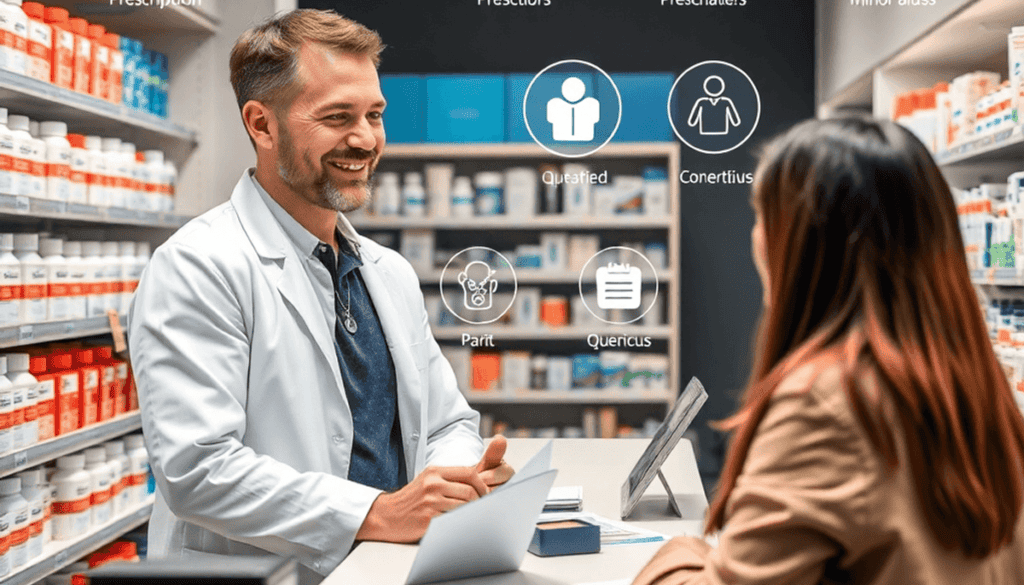 A modern pharmacy counter with a pharmacist consulting a patient, surrounded by medication shelves and digital health icons symbolizing prescriptio...