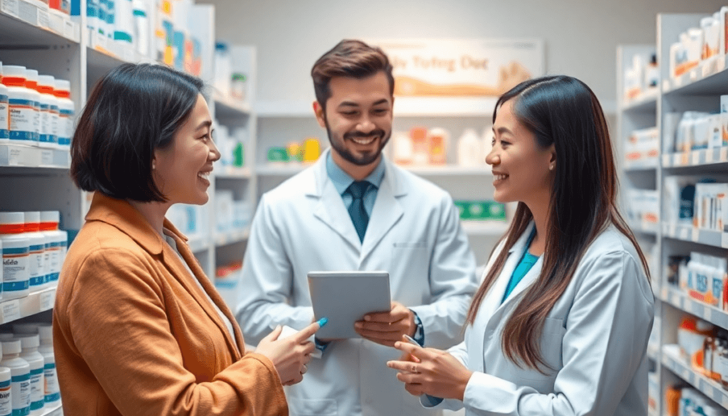 A modern pharmacy interior with a pharmacist consulting a patient, surrounded by medicine shelves and prescription bottles.