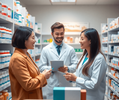 A modern pharmacy interior with a pharmacist consulting a patient, surrounded by medicine shelves and prescription bottles.