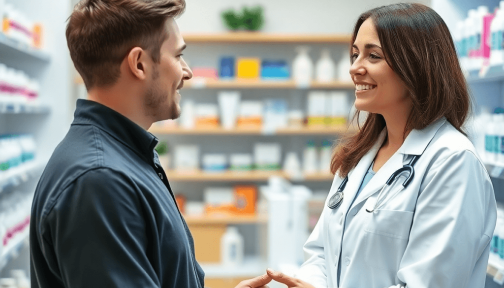 A modern pharmacy interior with a pharmacist consulting a young adult about acne treatment, bright setting with skincare products on shelves.