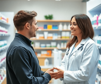 A modern pharmacy interior with a pharmacist consulting a young adult about acne treatment, bright setting with skincare products on shelves.