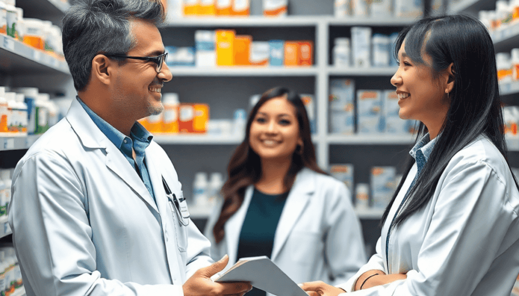 A modern pharmacy with a pharmacist consulting a patient, surrounded by medication shelves and prescription bottles.