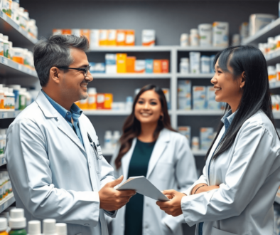 A modern pharmacy with a pharmacist consulting a patient, surrounded by medication shelves and prescription bottles.