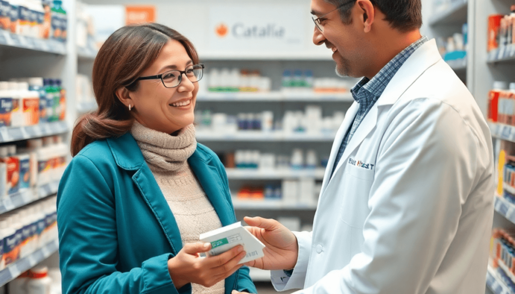 A pharmacist in a modern pharmacy assisting a patient with flu medication, surrounded by shelves of medicine and health products.
