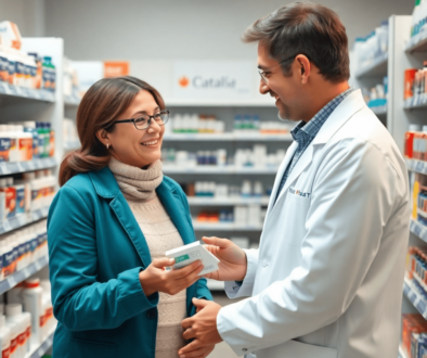 A pharmacist in a modern pharmacy assisting a patient with flu medication, surrounded by shelves of medicine and health products.