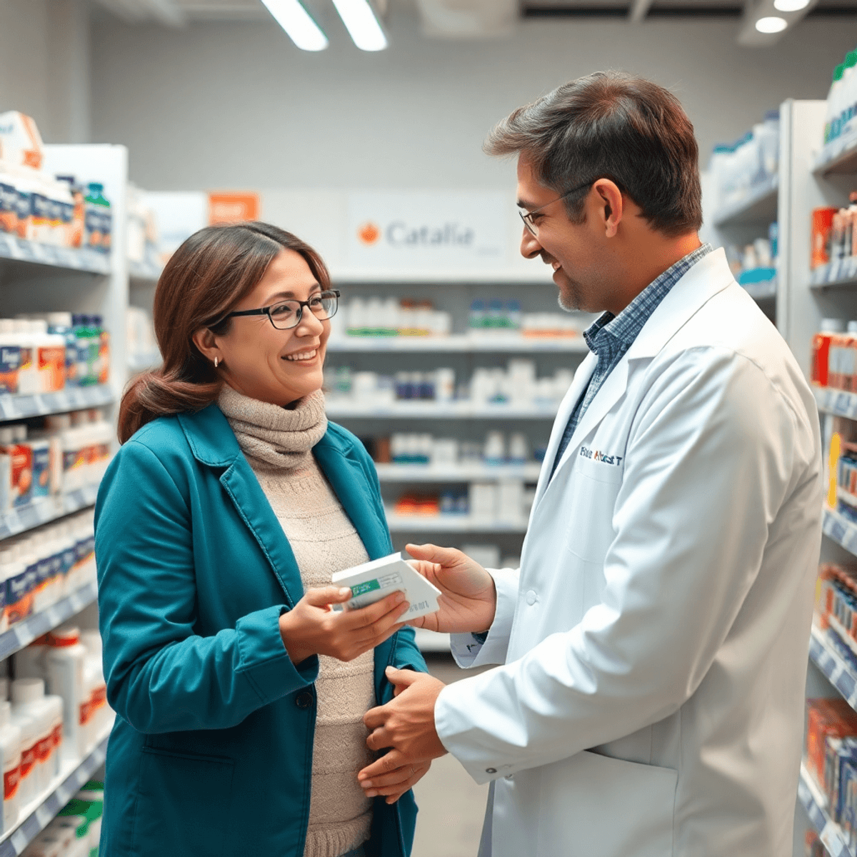 A pharmacist in a modern pharmacy assisting a patient with flu medication, surrounded by shelves of medicine and health products.
