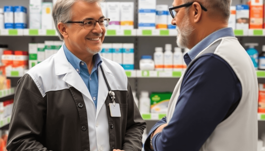 A pharmacist in a modern pharmacy counseling a middle-aged patient about heartburn treatment with shelves of medications in the background.