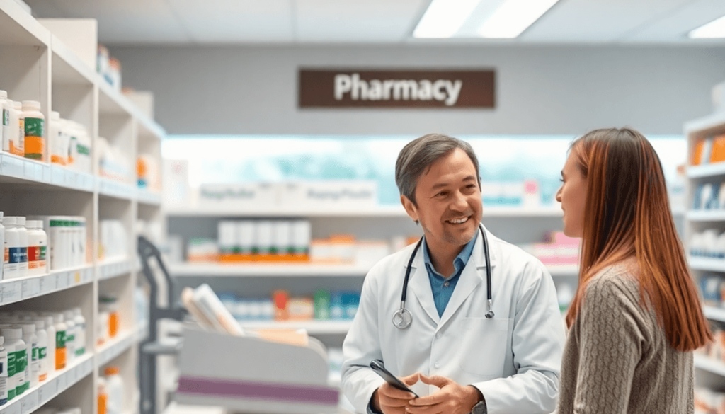 Bright modern pharmacy interior with shelves of medications and a friendly pharmacist consulting a patient over the counter.