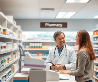 Bright modern pharmacy interior with shelves of medications and a friendly pharmacist consulting a patient over the counter.