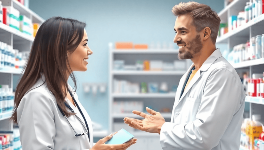 Bright pharmacy interior with a pharmacist consulting a patient about insect bite treatment, surrounded by shelves of medications and health products.