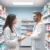 Bright pharmacy interior with a pharmacist consulting a patient about insect bite treatment, surrounded by shelves of medications and health products.