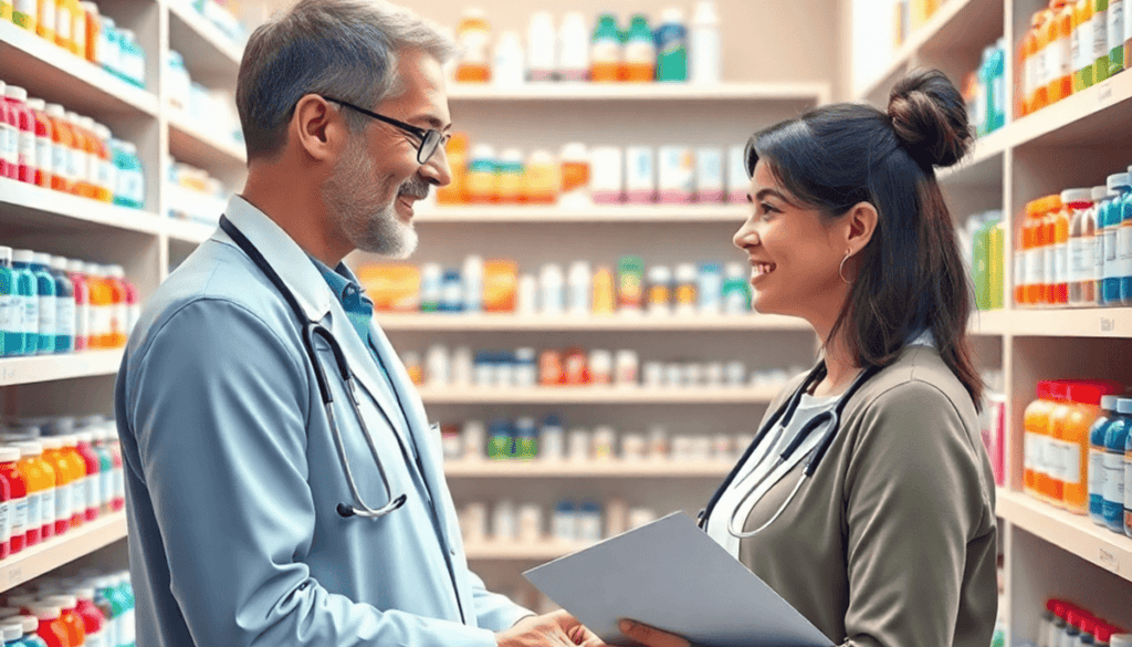 Bright pharmacy interior with colorful medicine shelves, a pharmacist assisting a patient, and healthcare symbols like a stethoscope and prescripti...