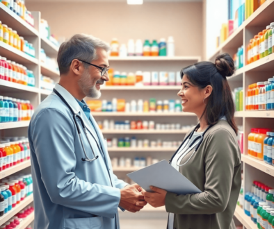 Bright pharmacy interior with colorful medicine shelves, a pharmacist assisting a patient, and healthcare symbols like a stethoscope and prescripti...