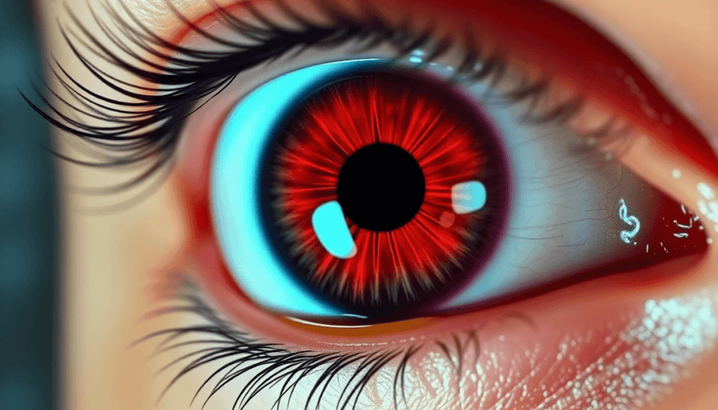 Close-up of an inflamed eye with redness and yellowish discharge, indicating bacterial pink eye, against a soft medical background with pharmacy sy...