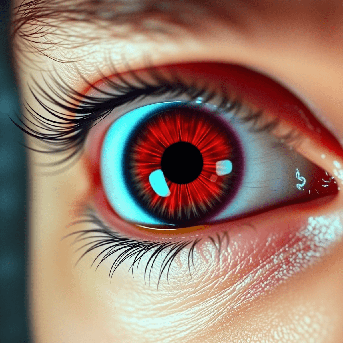 Close-up of an inflamed eye with redness and yellowish discharge, indicating bacterial pink eye, against a soft medical background with pharmacy sy...