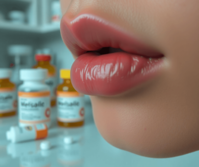 Close-up of lips with a small cold sore blister, medical and pharmacy items like medication bottles blurred in the background.