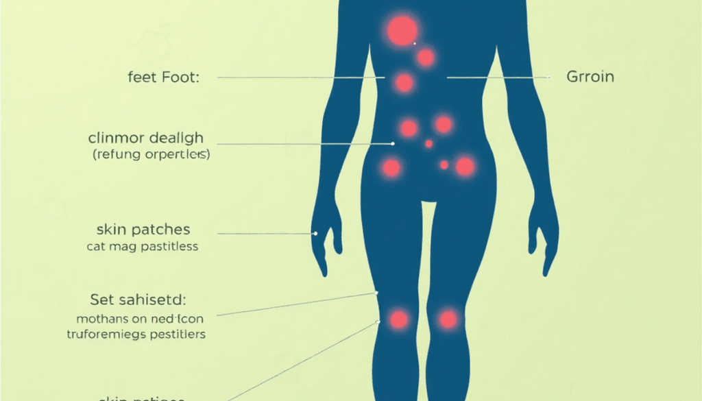 Illustration of fungal skin infections on a human body silhouette with red and white markings on feet, groin, and skin patches, against a soft medi...