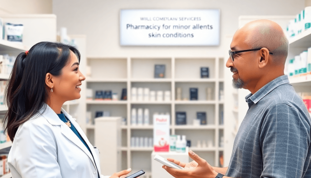 Modern pharmacy interior with a pharmacist consulting a customer about skincare, visible products, and a sign for pharmacist services on minor ailm...