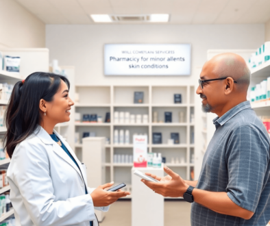 Modern pharmacy interior with a pharmacist consulting a customer about skincare, visible products, and a sign for pharmacist services on minor ailm...