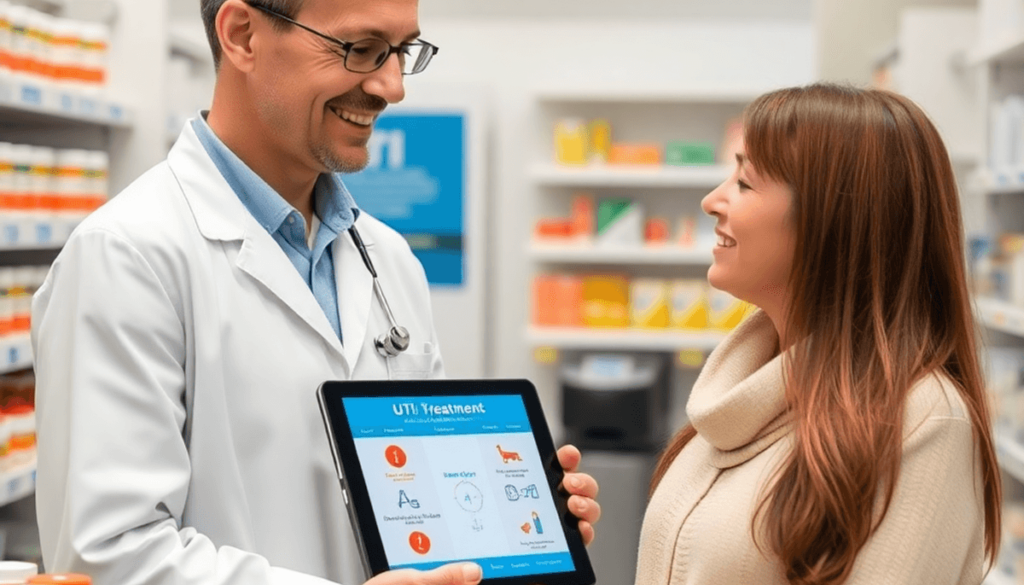 Modern pharmacy interior with pharmacist consulting patient, surrounded by prescription bottles and a tablet showing a UTI assessment algorithm.