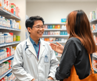 Pharmacist consulting a patient about cold sore treatment in a modern, bright pharmacy with shelves of medication and health products.