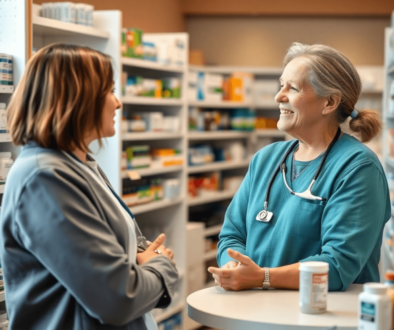 Pharmacist consulting a patient about cough treatment in a modern pharmacy with medicine shelves in the background.