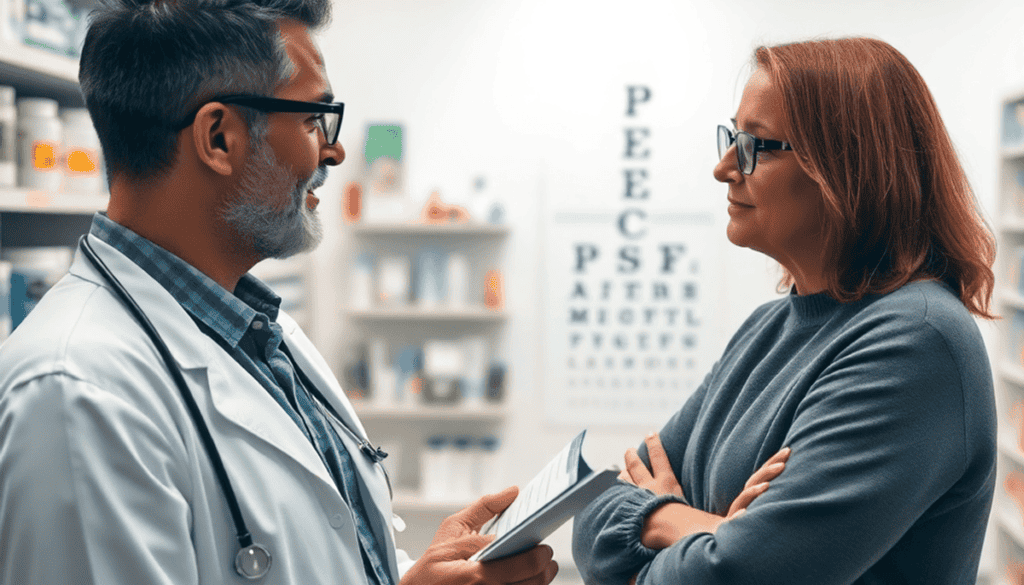 Pharmacist consulting an adult patient about eye care in a modern pharmacy with eye care products and an eye chart in the background.