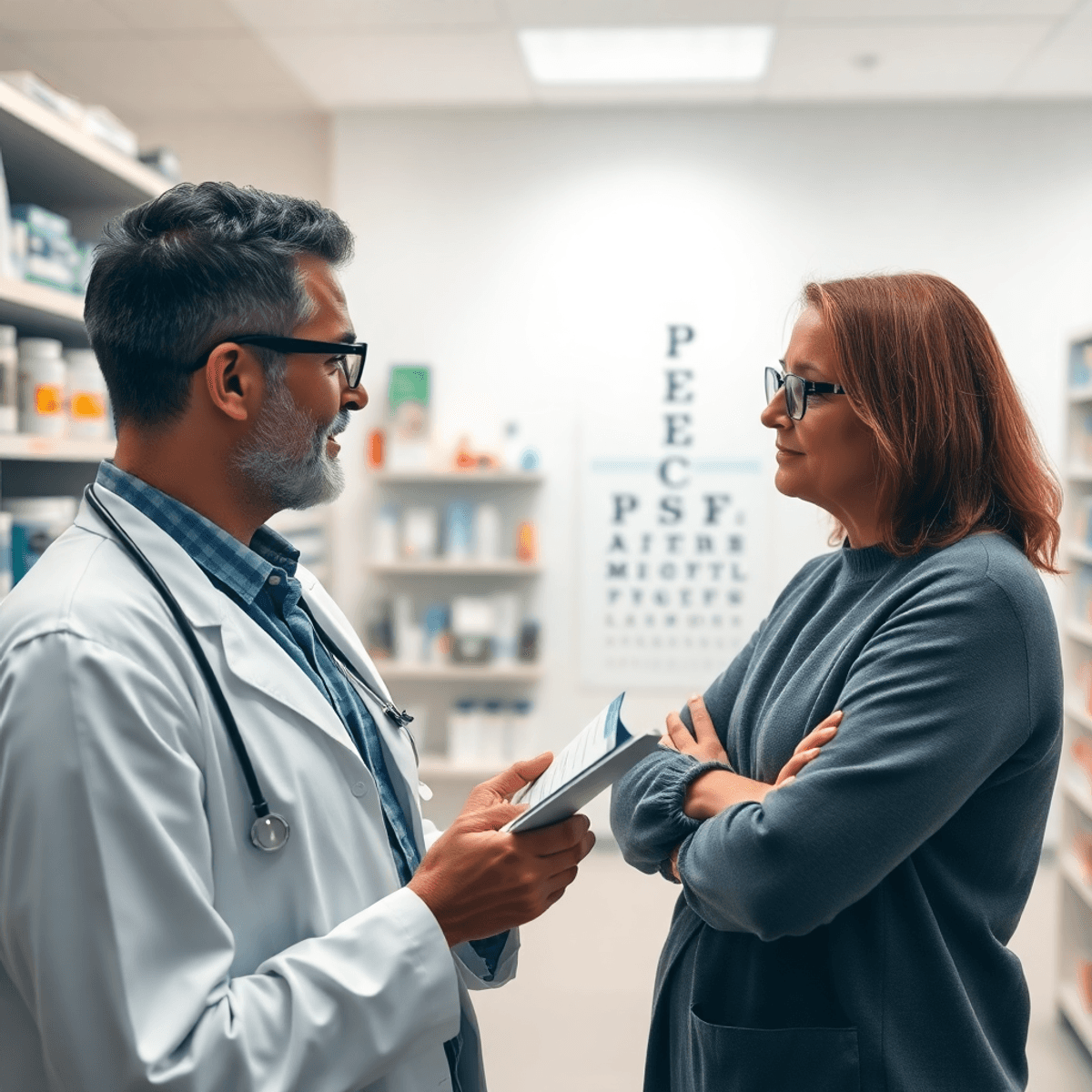 Pharmacist consulting an adult patient about eye care in a modern pharmacy with eye care products and an eye chart in the background.
