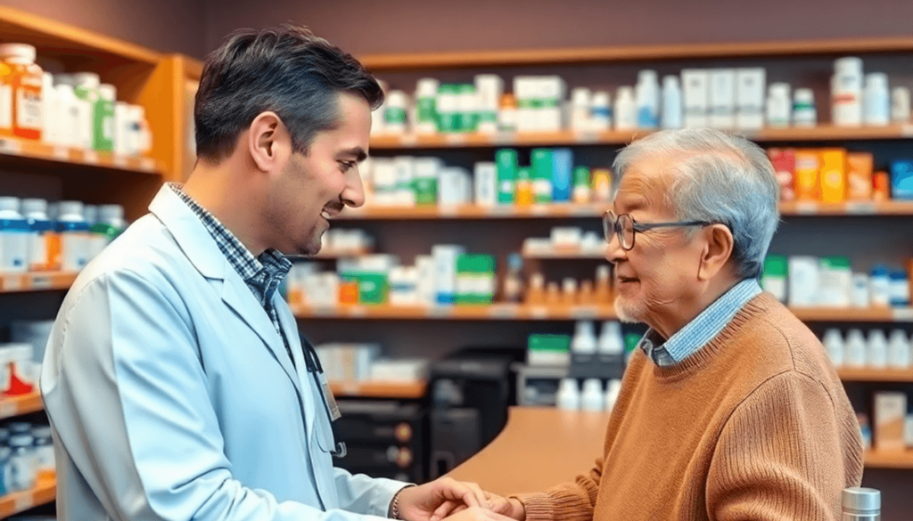 Pharmacist consulting with an elderly patient at a clean pharmacy counter with medication shelves in the background.