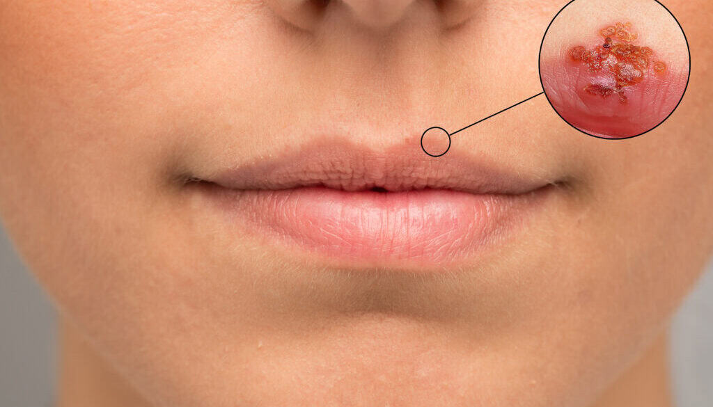 Close-up of a person’s lips with a blister on the upper lip. An inset magnifies the blister, showing clustered red sores with yellowish crust, typical of a cold sore.
