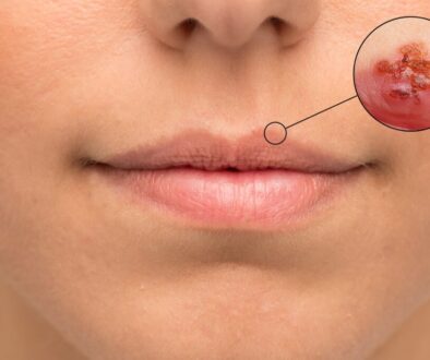 Close-up of a person’s lips with a blister on the upper lip. An inset magnifies the blister, showing clustered red sores with yellowish crust, typical of a cold sore.