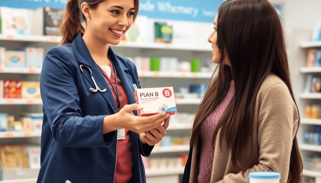 A bright pharmacy counter with a friendly pharmacist handing a box of Plan B emergency contraception to a young adult customer.