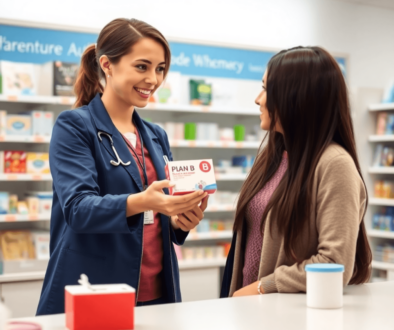 A bright pharmacy counter with a friendly pharmacist handing a box of Plan B emergency contraception to a young adult customer.