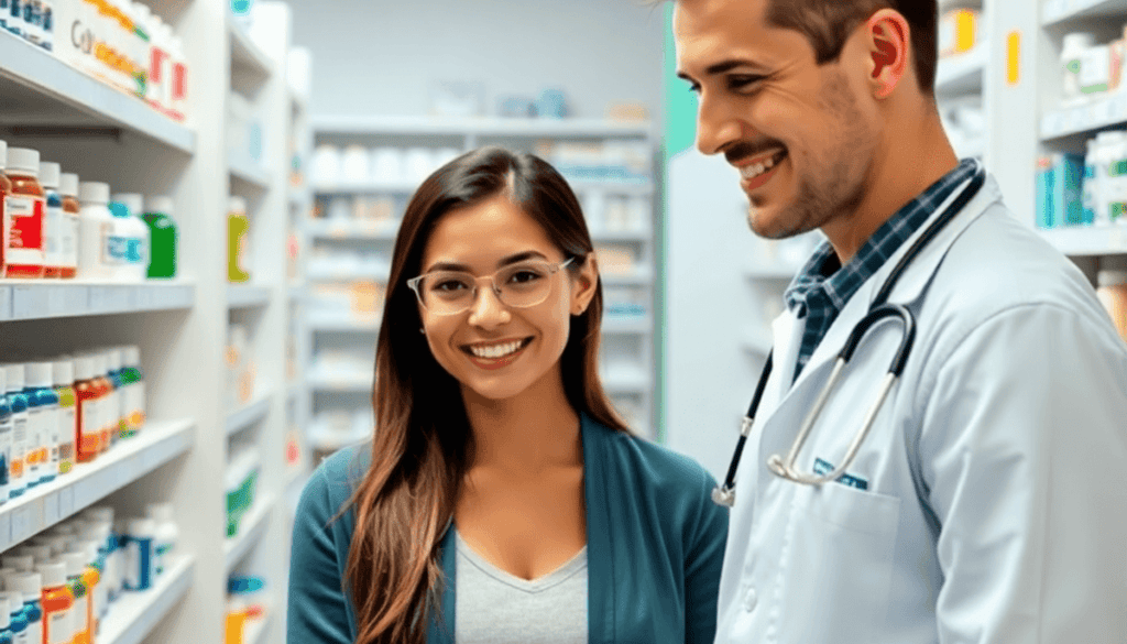 A modern pharmacy interior with a pharmacist assisting a patient, surrounded by shelves of medications and health products.