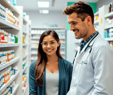 A modern pharmacy interior with a pharmacist assisting a patient, surrounded by shelves of medications and health products.