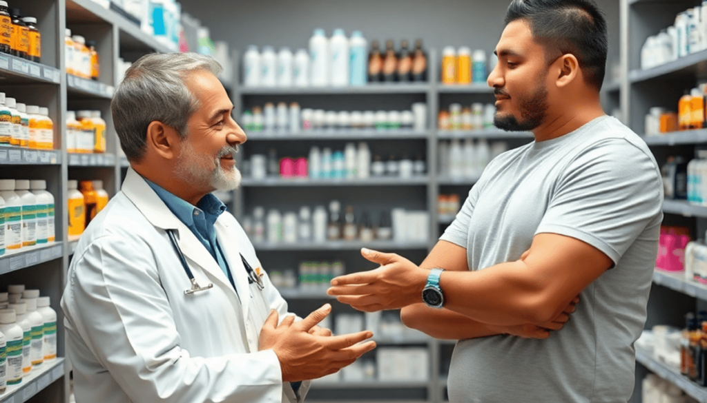 A modern pharmacy interior with shelves of hair care products and medications, a pharmacist consulting with a man about hair loss treatment options.