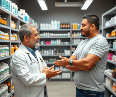 A modern pharmacy interior with shelves of hair care products and medications, a pharmacist consulting with a man about hair loss treatment options.