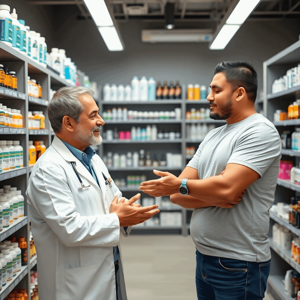 A modern pharmacy interior with shelves of hair care products and medications, a pharmacist consulting with a man about hair loss treatment options.