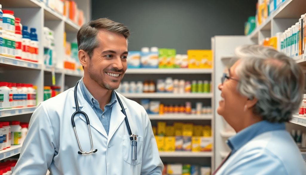 A modern pharmacy with a pharmacist consulting a patient, surrounded by shelves of medications and nasal congestion relief products.