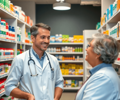A modern pharmacy with a pharmacist consulting a patient, surrounded by shelves of medications and nasal congestion relief products.