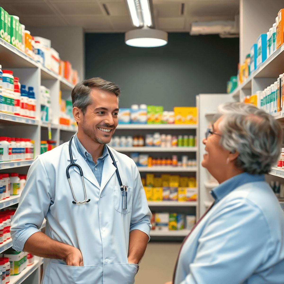 A modern pharmacy with a pharmacist consulting a patient, surrounded by shelves of medications and nasal congestion relief products.