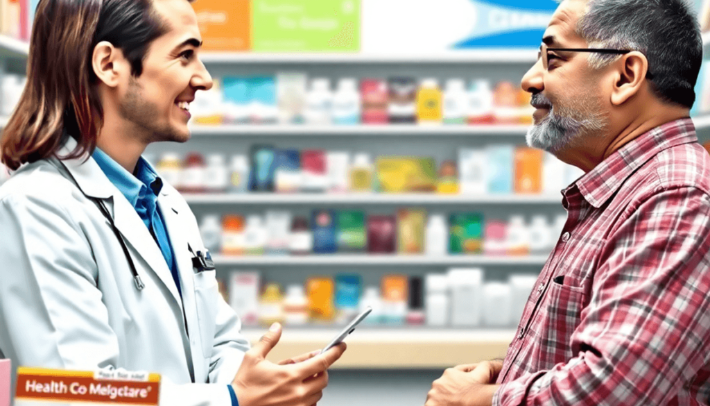 A pharmacist consulting with a middle-aged man at a pharmacy counter, surrounded by medication shelves and health brochures.