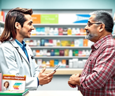 A pharmacist consulting with a middle-aged man at a pharmacy counter, surrounded by medication shelves and health brochures.