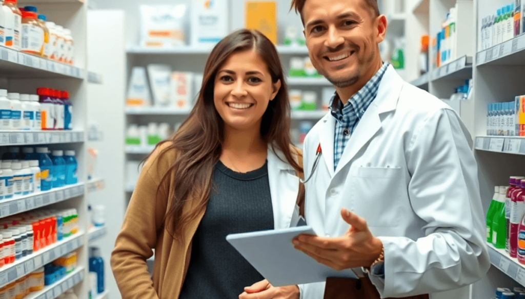 A pharmacist consulting with a patient in a modern pharmacy filled with shelves of medications and healthcare products.