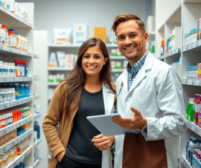 A pharmacist consulting with a patient in a modern pharmacy filled with shelves of medications and healthcare products.
