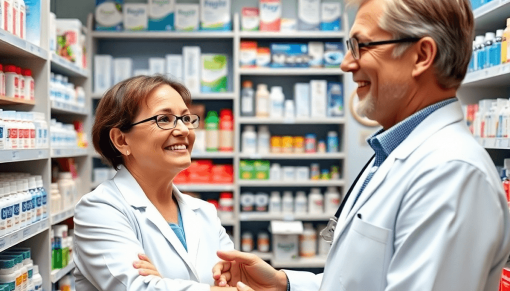 Bright community pharmacy interior with a pharmacist assisting a patient near shelves of eye care products and medications, highlighting profession...