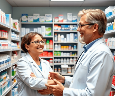 Bright community pharmacy interior with a pharmacist assisting a patient near shelves of eye care products and medications, highlighting profession...